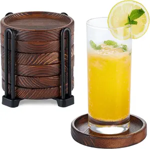6Pcs Wooden Coasters for Drink-Acacia Wood Drink Coasters Set with Holder for Coffee Table Decor,Modern Cup Coaster for Kitchen Accessories Cute Beer Bar Decorative Rustic Outdoor Coasters Yangbaga