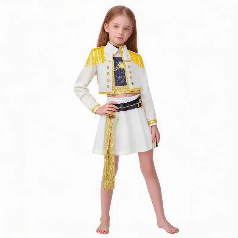KPop Rumi Girls 3Pcs Costume Set, Mira Character Role Play Outfit, Golden Knitted Crop Top Skirt Set, Kids Superstar Stage Halloween Costume, All Seasons Comfortable Moderate Thickness Fabric`