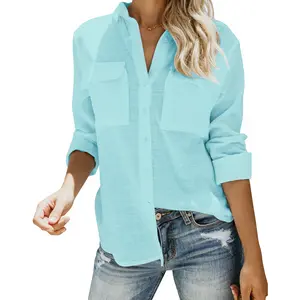 JEKAOYI Womens Oversized Roll Up 100% Cotton Button Down Long Sleeve Shirts V Neck Cuffed Sleeve Work Solid Blouse Tops with Pockets SpringStatements