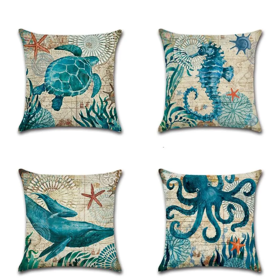 Flat Weave Linen Cushion Covers with Marine Life Animal Patterns - 18x18 in, Set of 4, Wrinkle Resistant, All Seasons, Hand Wash Only, Aquatic Room Accent Home Decor Gift Accessories