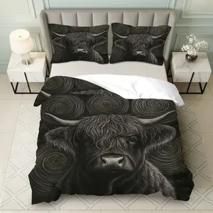 3PCS Duvet Cover Set, 1 Duvet+2 Pillowcases(Without filler), Highland Cow Artful Swirl Elegant Charcoal theme, Christmas bedding set, Rustic Farmhouse Animal Unique Suitable for decoration bedroom living room guest room cabin.