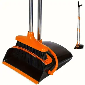 Broom and Dustpan Set with Long Handle, Light Weight Stainless Steel Poles Stand Upright Dustpans with Broom Combo for Home Kitchen Office Pet Dog Hair Traditional Rubber