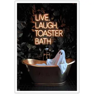 Gothic Ghost Wall Art Funny Live Laugh Toaster Bath Posters Dark Academia Halloween Decor Spooky Witchy Canvas Cute Ghost in Bathtub Prints Pictures for Bathroom Restroom Neon Sign (Framed Frameless Poster Optional)