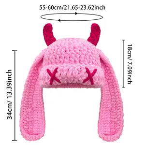 Hand-Crocheted Devil Horn Knit Hat, Fashionable Wool Hat for Autumn and Winter, Thick and Warm, Soft to the Touch, Long-Eared Rabbit Design, Trendy and Unique Cold-Weather Hat, Suitable for Everyday Casual Style Outfits.