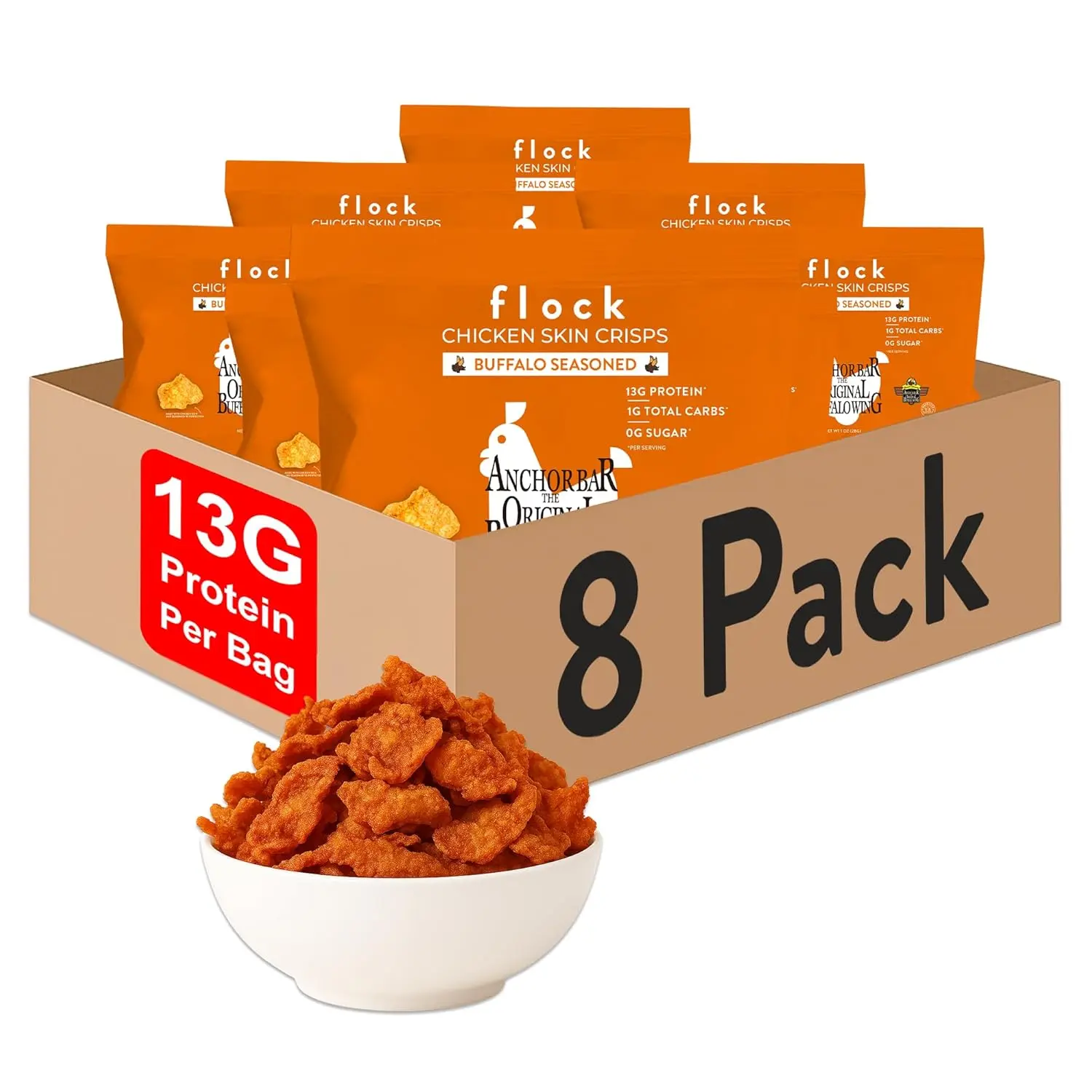 Buffalo Chicken Skin Crisps – Flock x Anchor Bar Collab | 8-Pack | High Protein, Low Carb, Low Sugar Snack | Keto and GLP-1 Friendly