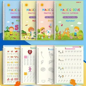 Magic Practice Scribe Book Set, 4 Counts/set Reusable Number & Letter & Math & Drawing Practice Scribe Book with 1 Pen, 10 Refill & 1 Pencil Grip, Perfect Gift for Your Child