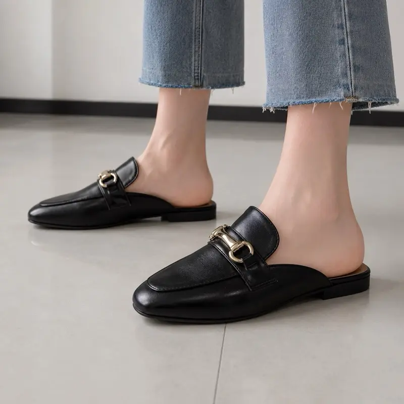 Women's Loafers with Gold Buckle PU Leather Mules for Comfortable Everyday Wear, Round Toe, Slip On, Plain Design, Summer Workwear Classic Stylish
