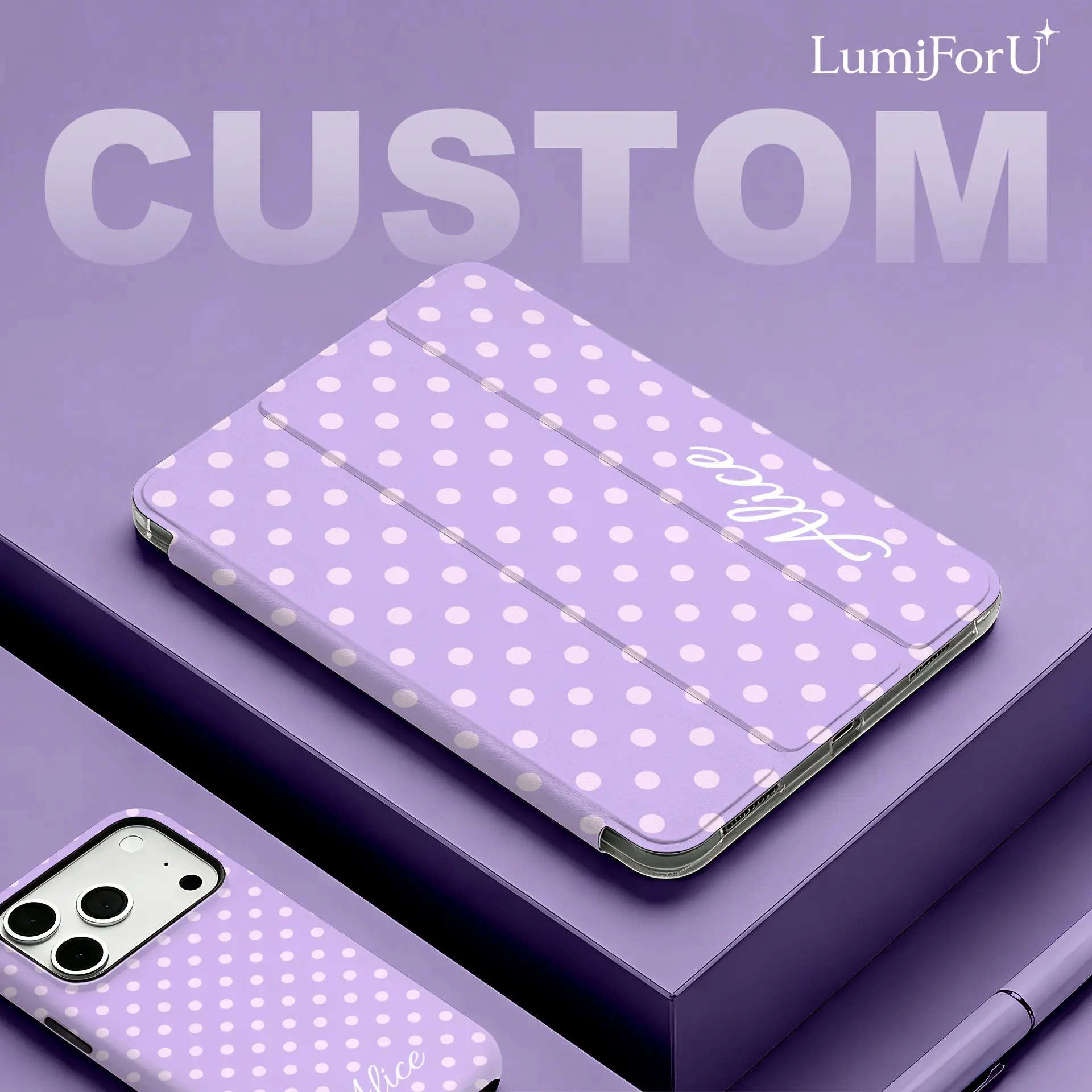 LumiForU Custom Purple Polka Dot PU Leather Tablet Cover - Tablet Accessories, Casing with TPU Shell, Tri-Fold Stand, Pen Holder, Shockproof Protection, Auto Sleep/Wake for Air 11/10.9, Pro 11/12.9, 10th/9th Gen, Galaxy Tab S10+/S9+/S9/S8