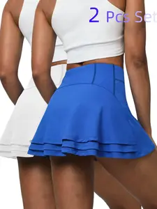 2 Pcs New Women's A-Line Three-Layer Sports Skirt Set, Sporty Breathable Skorts for Yoga and Tennis, High Waist Slim-Fit Design, Casual Athletic Tennis Skirts with Pockets for All Seasons