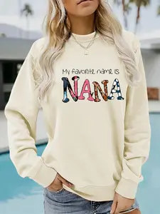 Women's Casual Nana Pattern Pullover Sweater, Soft Long Sleeve Round Neck Sweatshirt, Comfortable Daily Wear