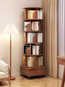 Rotating Bookshelf 360 Corner Bookshelf for Small Spaces, 6-Tier Bookcase on Wheels, Narrow Organizer for Bedroom Living Study, Walnut Brown
