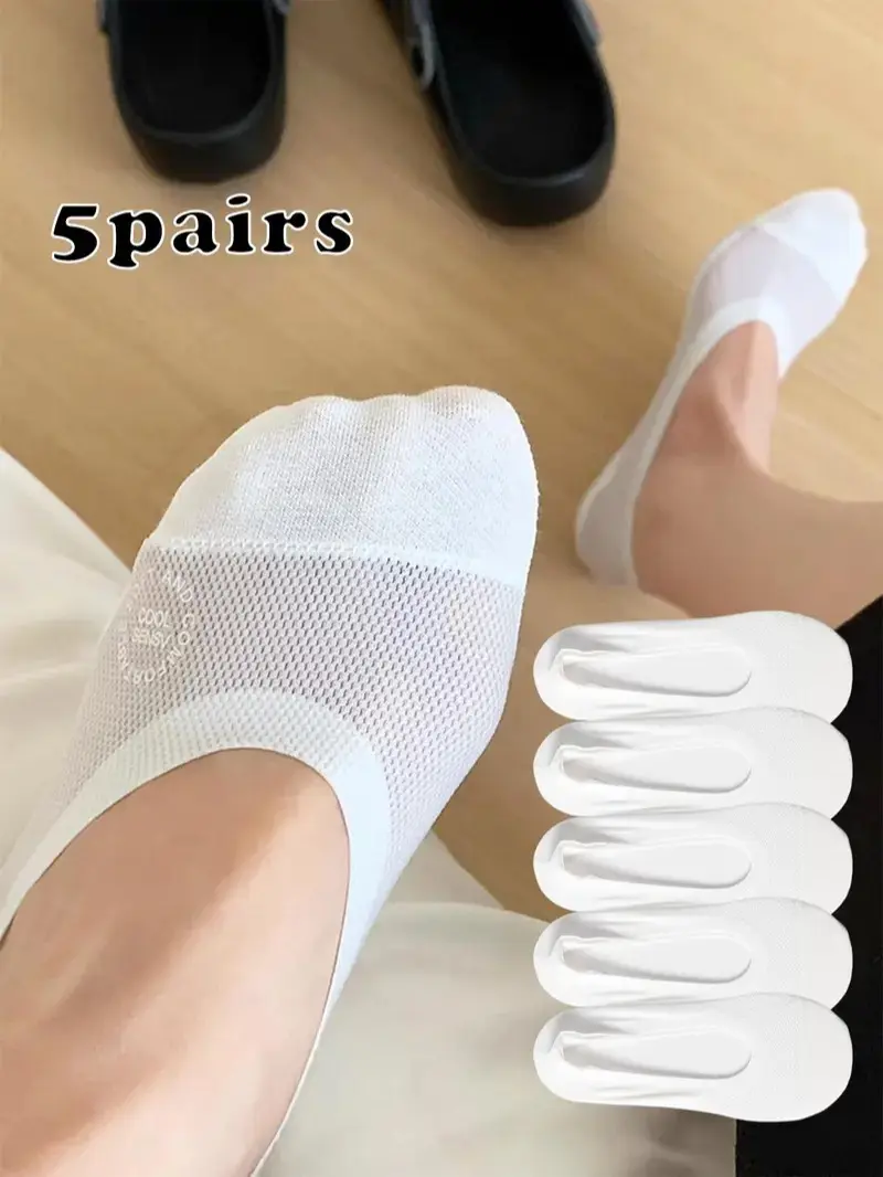 Women's No-Show Socks, 5-Pair Basic Solid Color Mesh Boat Liners with Silicone Grip, Comfortable Lightweight Casual Fit Socks Assortment Set, Thin, Breathable, Flat, Any Occasion, Gifting, Invisible, Machine Washable, Mixed Solid Colors, Lady