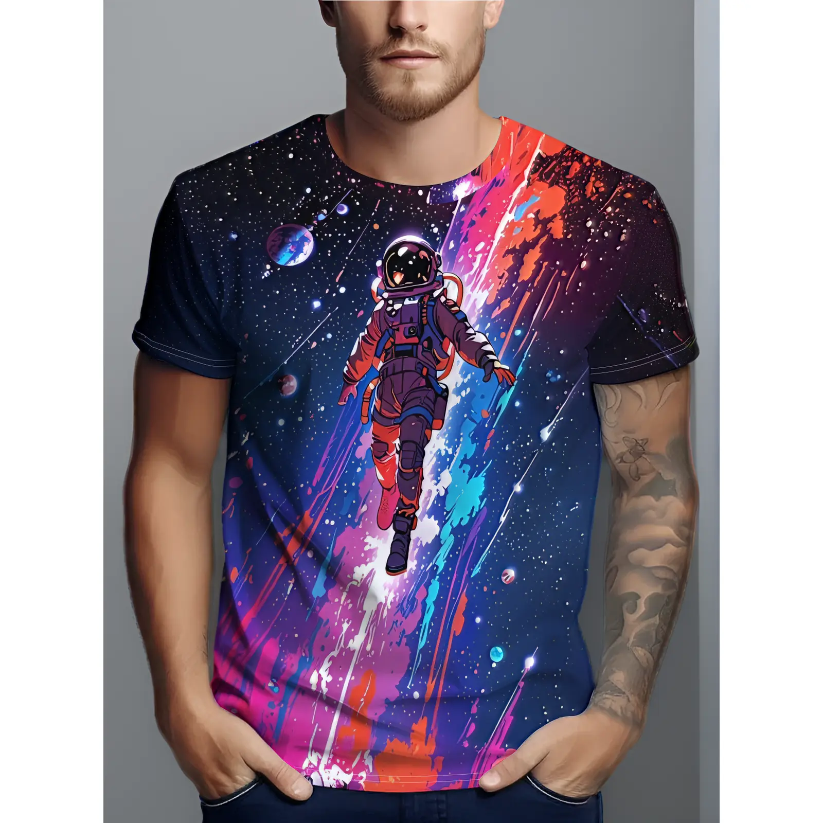 T-Shirt with Space Background, Featuring Astronauts, Vibrant Colors, And a Sci-Fi Feel