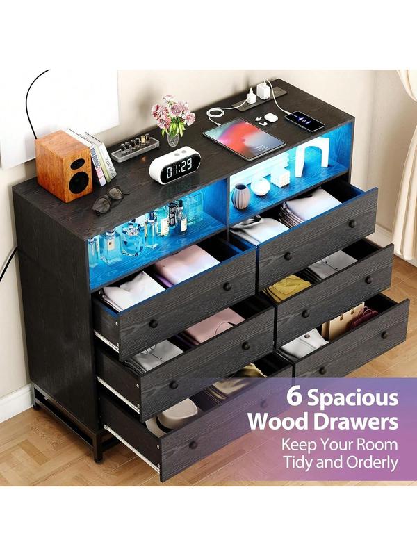 【Christmas Gift】black- 6 Drawer Double Dresser TV Stand, Bedroom Dresser With Power Outlet & LED Light, Wood Dresser For Room, Hallway