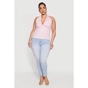 Plus Size Metallic O-Ring Keyhole Halter Top