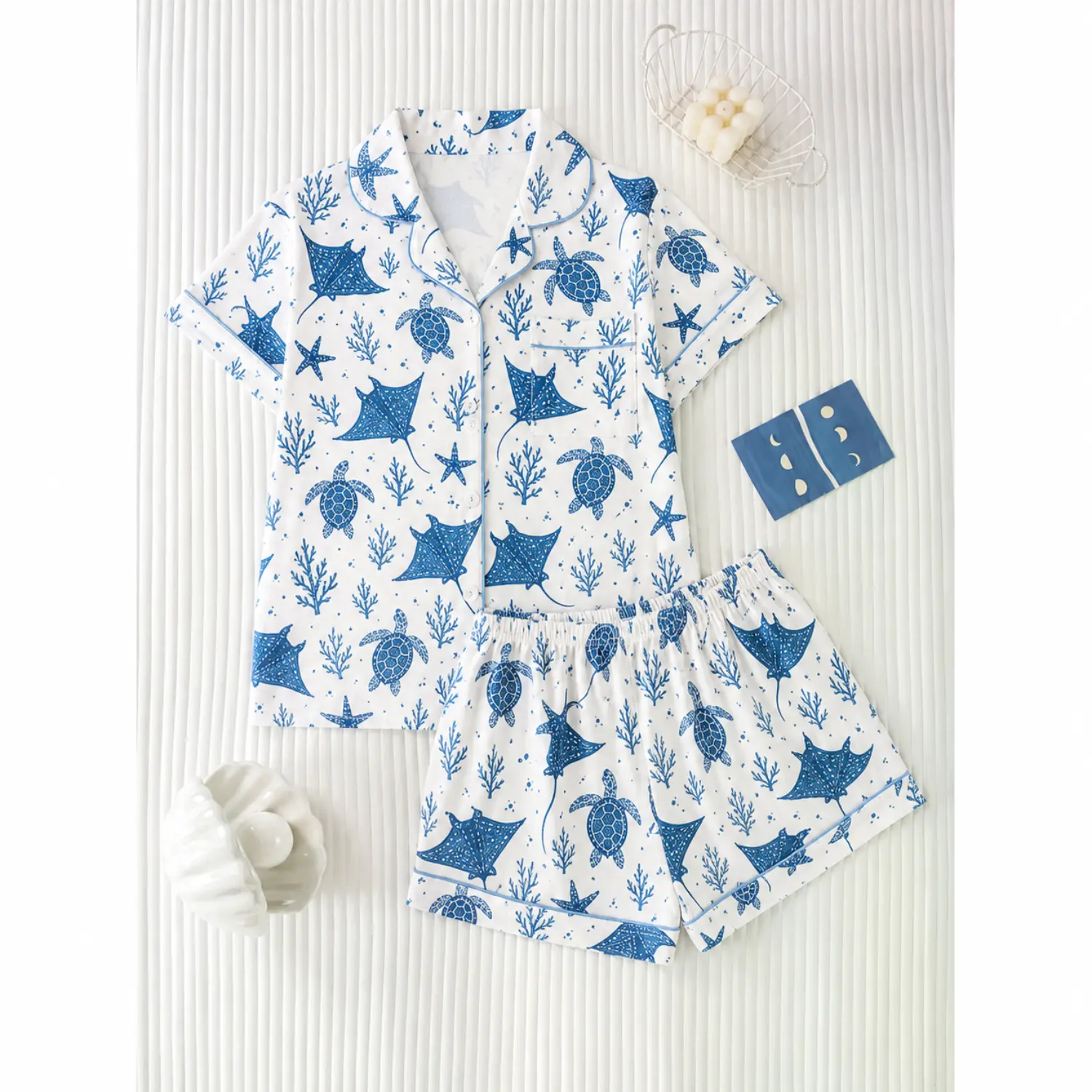 Sea Turtle Print Short Sleeve Pajama Set - Button-Up Shirt and Relaxed Shorts for Comfortable Sleep