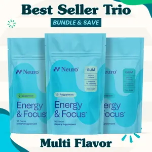 Best Seller Trio - Energy & Focus Caffeine Gum - Multi Flavor (3-Bulk Pouches)