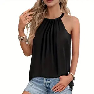 Ladies' halter-neck vest, pleated loose sleeveless top, drawstring round-neck vest, summer outing shirt
