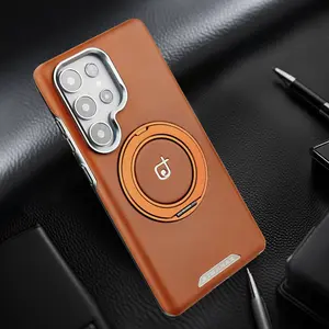 New High-end Leather Texture Magnetic 360° Rotating Stand Phone Case for Samsung Samsung S25Ultra/S24Plus/S23Ultra/S25/S24 Electroplated Plain Leather Full Shockproof Business Protective Cover for Men and Women