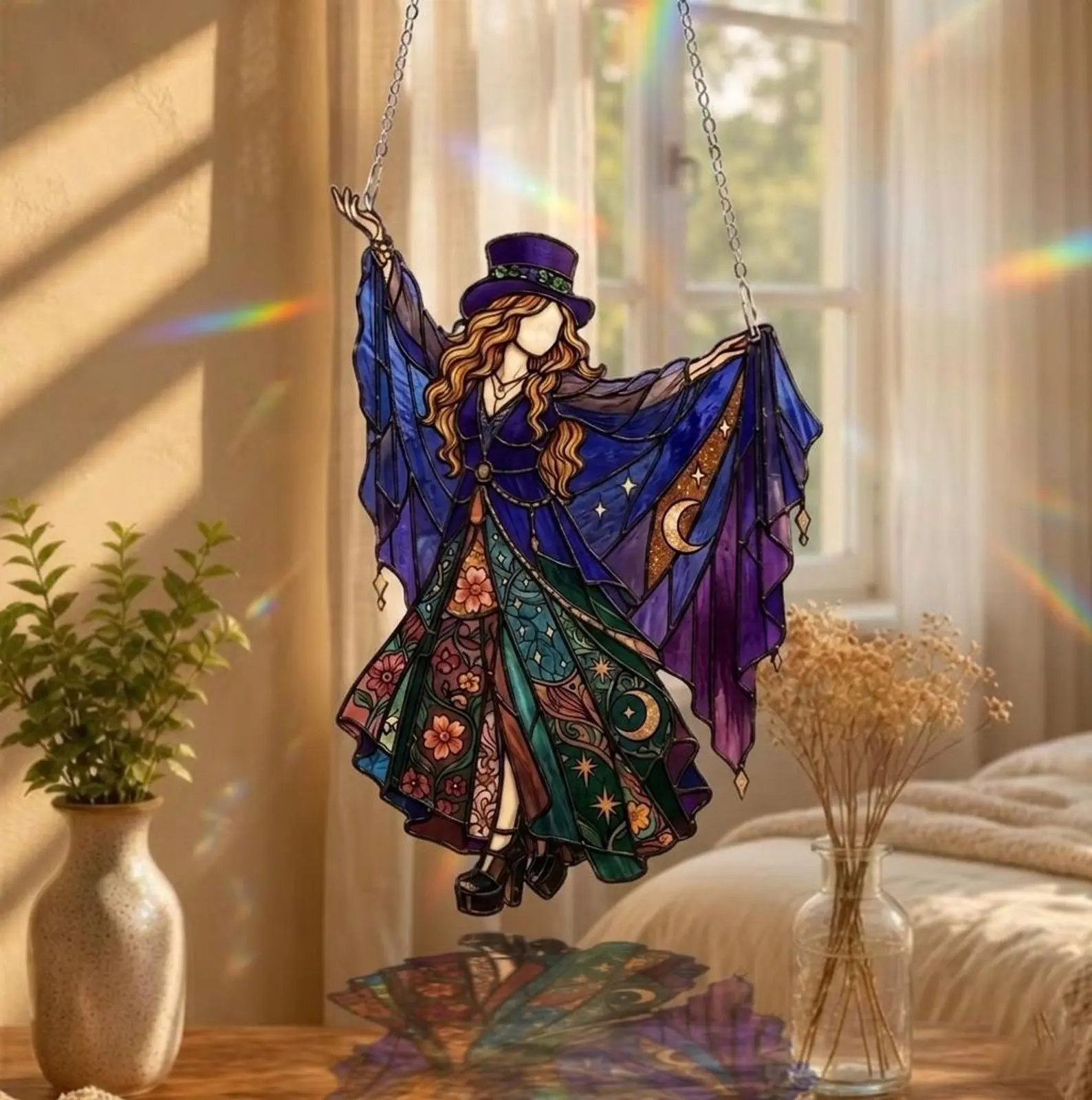 Stevie Nicks Witchy Boho Stained Glass Suncatcher Window Hanging, Cosmic Moon Star Rock Goddess Acrylic Art Ornament, Perfect Fleetwood Mac Fan Gift & Room Decor
