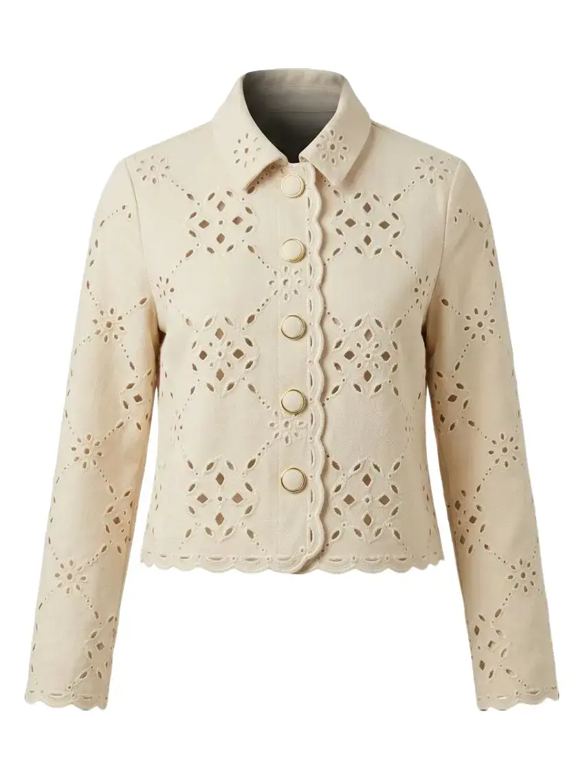 Bohemian Coats for Women, Fitted Embroidered Cotton Shacket, Cute Collared Long Sleeve Lightweight Top for Casual Layering, Dry Clean
