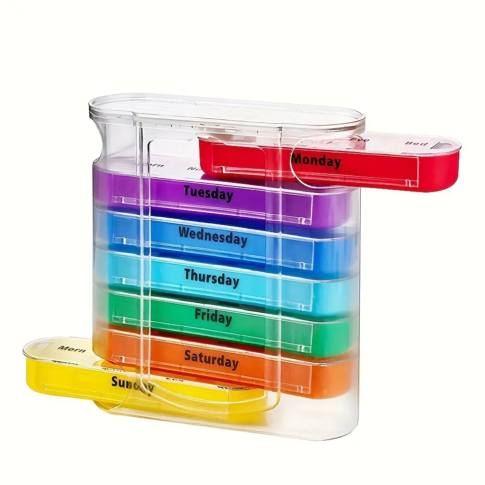 Weekly Pill Organizer, Supplement Organizer, 1 Count 7 Stackable Compartments Clear Plastic Pill Storage Box, Daily Planner for Morning Afternoon Evening and Bedtime, Healthcare, Vitamin Aid