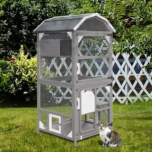 Cat House Outdoor Cat Enclosure, Wooden Catio Large Cat Cage with Resting Box, Platforms, Waterproof Roof