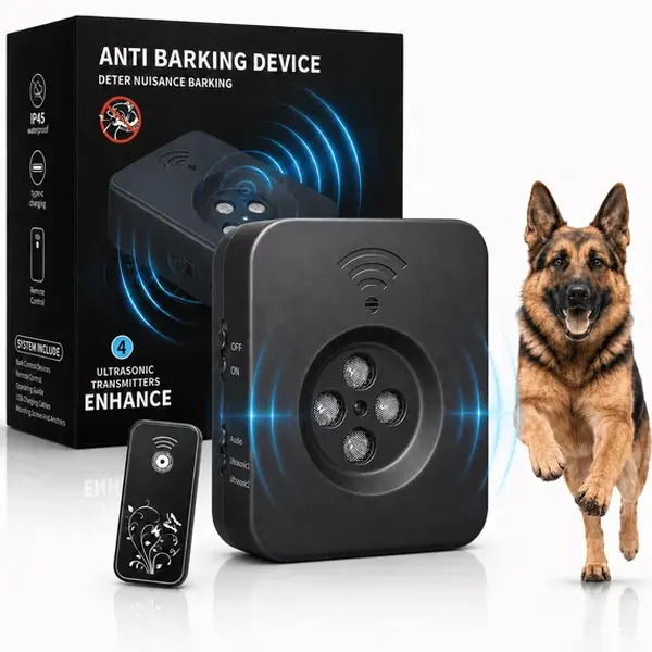 Automatic Ultrasonic Anti-Barking Device for Dogs - Remote Control, 50 FT Rechargeable Deterrent Box, 3 Adjustable Modes, 4 Emitters, No-Shock Stopper, IP45 Splash-Resistant Trainer for Indoor & Outdoor Use