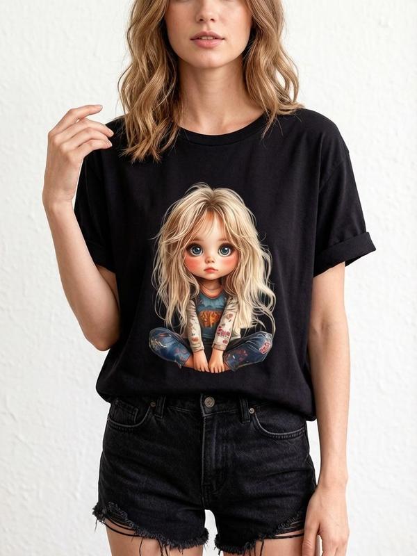 Women's Short-Sleeve Fitted Denim Graphic Tee - Black, Cute Big Eyes Blonde Little Girl Cartoon Print, Lightweight Casual Top, for Anniversary Beach Wear