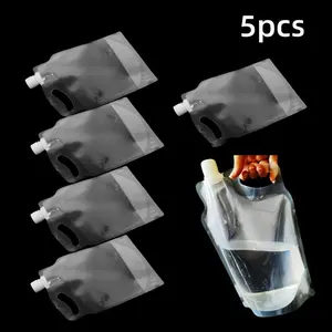 5 Pcs Portable 2L Foldable Water Bag with Handle, Transparent Visible Rectangular Water Pouch, Durable Large Capacity Outdoor Container, Perfect for Hiking Camping Cycling Mountaineering Travel, Reusable Drink Bag for Water Beer Holiday Outdoor Use