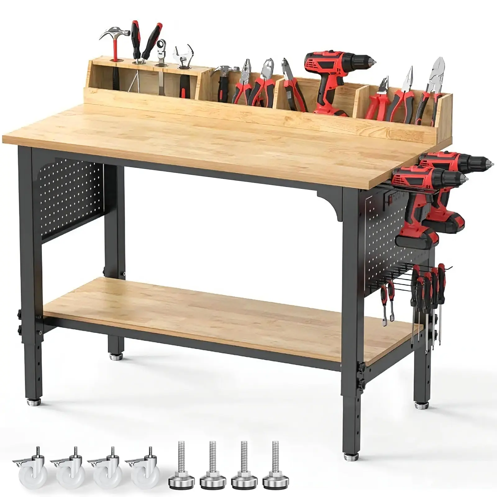 48 in Heavy-Duty Adjustable Height Workbench with Pegboard Side, 4 Tool Slots, Power Outlet, Wheels, Cable Management, Storage Shelf Organizer, 2200 LBS Load Capacity, All-in-1 Charging Station, Easy Assembly for Shop, Warehouse Use, All-In-One Charging S