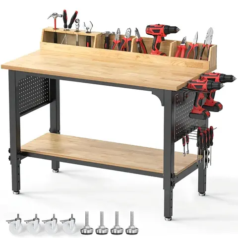 48 in Heavy-Duty Adjustable Height Workbench for Shop & Workshop Users, with 6 Hooks on Pegs, 4 Slots for Tools, Power Outlet, Wheels, Cable Management, Storage Shelf, 2200 LBS Load Capacity, Multi-Compartment Tool Racks & Bars, Easy Assembly