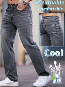 Men's Vintage Washed Denim Jeans, Menswear Loose Fit Straight Leg Casual Pants, Cool Breathable Embroidered Long Trousers for All Seasons