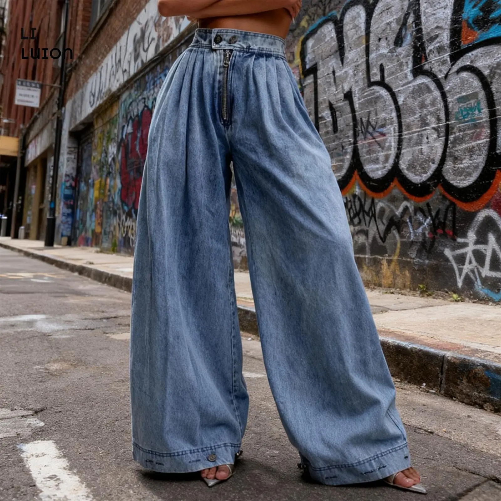 Womens Zipper Jeans High Waisted Loose Harem Trousers Baggy Wide Leg Vintage Balloon Casual Denim Pants