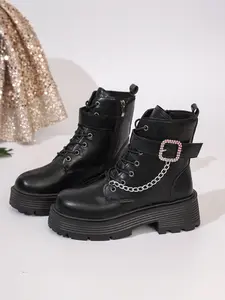 Rhinestone Chain Thick Sole Boots, Women's Round Toe Side Zip Short Boots, Sweet Cool Motorcycle Boots
