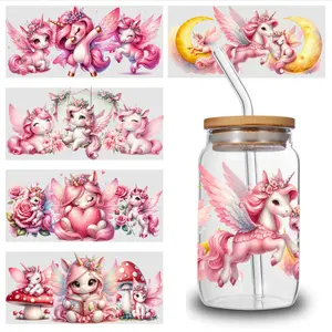 5 Sheets Unicorn Pattern UV DTF Stickers Artwork Plastic Motivational Plastic Self-Adhesive Labels Flower Waterproof Decals