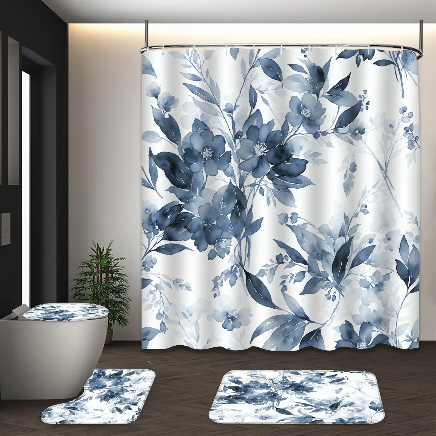 LVRLVR 4pcs Indigo Blue Watercolor Floral Leaves Elegant Botanical Bathroom Restroom Set Shower Curtain Sets with Shower Curtain, Bath Rugs and Hooks - 70.8"×70.8" (180×180cm) Bathroom Decoration Accessories