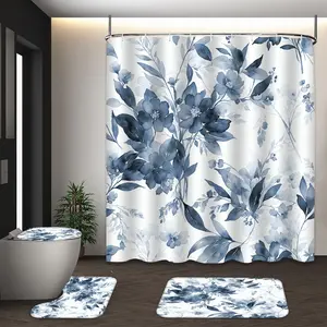 LVRLVR 4pcs Indigo Blue Watercolor Floral Leaves Elegant Botanical Bathroom Set with Shower Curtain, Bath Rugs and Hooks - 70.8"×70.8" (180×180cm)