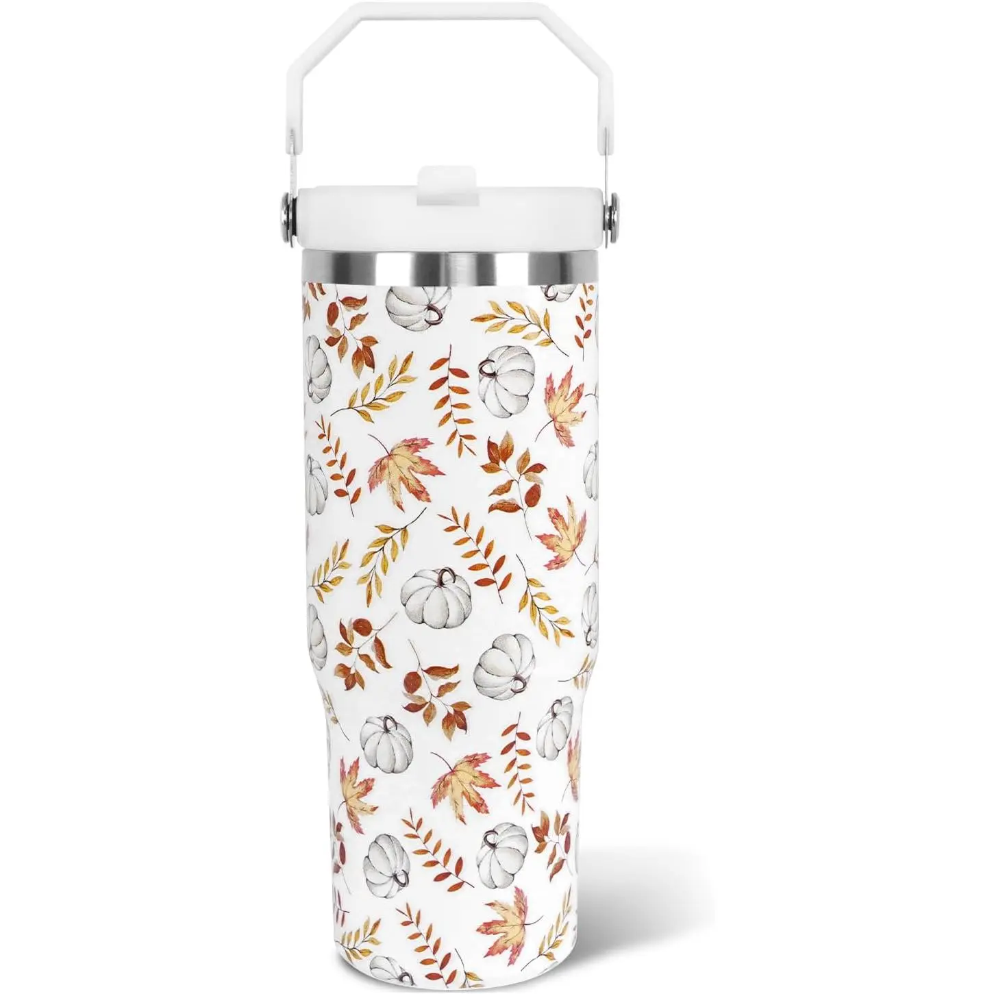 30oz Double Wall Stainless Steel Insulated Tumbler Water Bottle - White Pumpkin Maple Leaf Design, Vacuum Insulated, Leakproof, Portable, Reusable with Lid, Straw - Farmhouse Gift for Women, Kids, Siblings, Ideal for Coffee, Thanksgiving, Father’s Day, Si