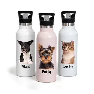 Custom pet Picture Water Bottle with lid, Insulated Stainless Steel 500ml Personalized Photo Portrait Thermo Cup for Animal Lovers, Drinking Glass for cat mom & Dog dad pet Loss Memorial Gift