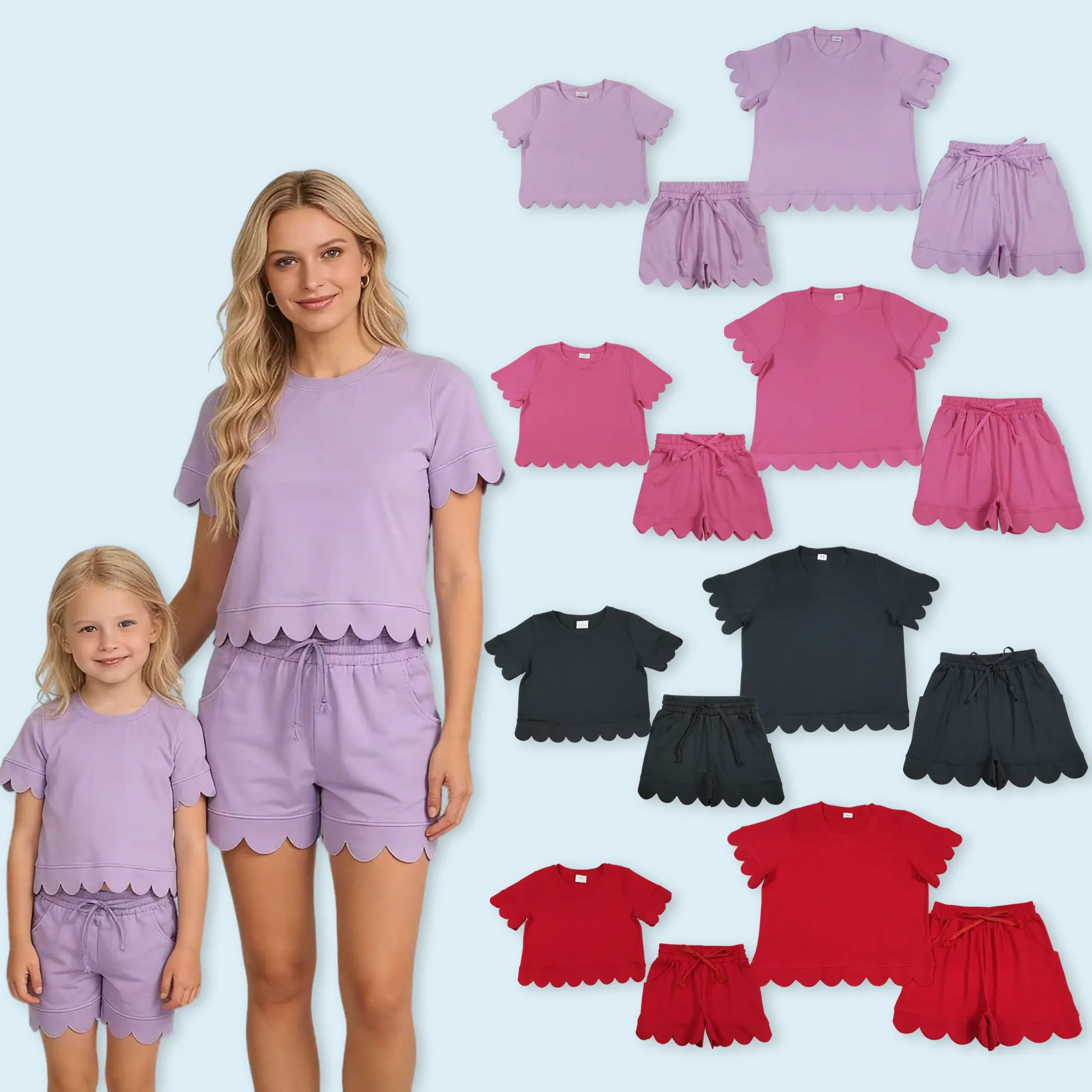 Women's Multi-Size Mommy-and-Me 2-Piece Breathable Matching Set - Scallop Edge Top with Coordinating Shorts for Summer