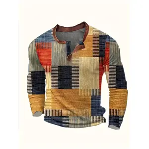 Men's Casual Henley Shirt with Geometric Pattern - 100% Polyester, Crew Neck, Long Sleeve, Slight Stretch Fabric, Heat Transfer Printed, Knit - Spring/Fall Collection with Button Detail