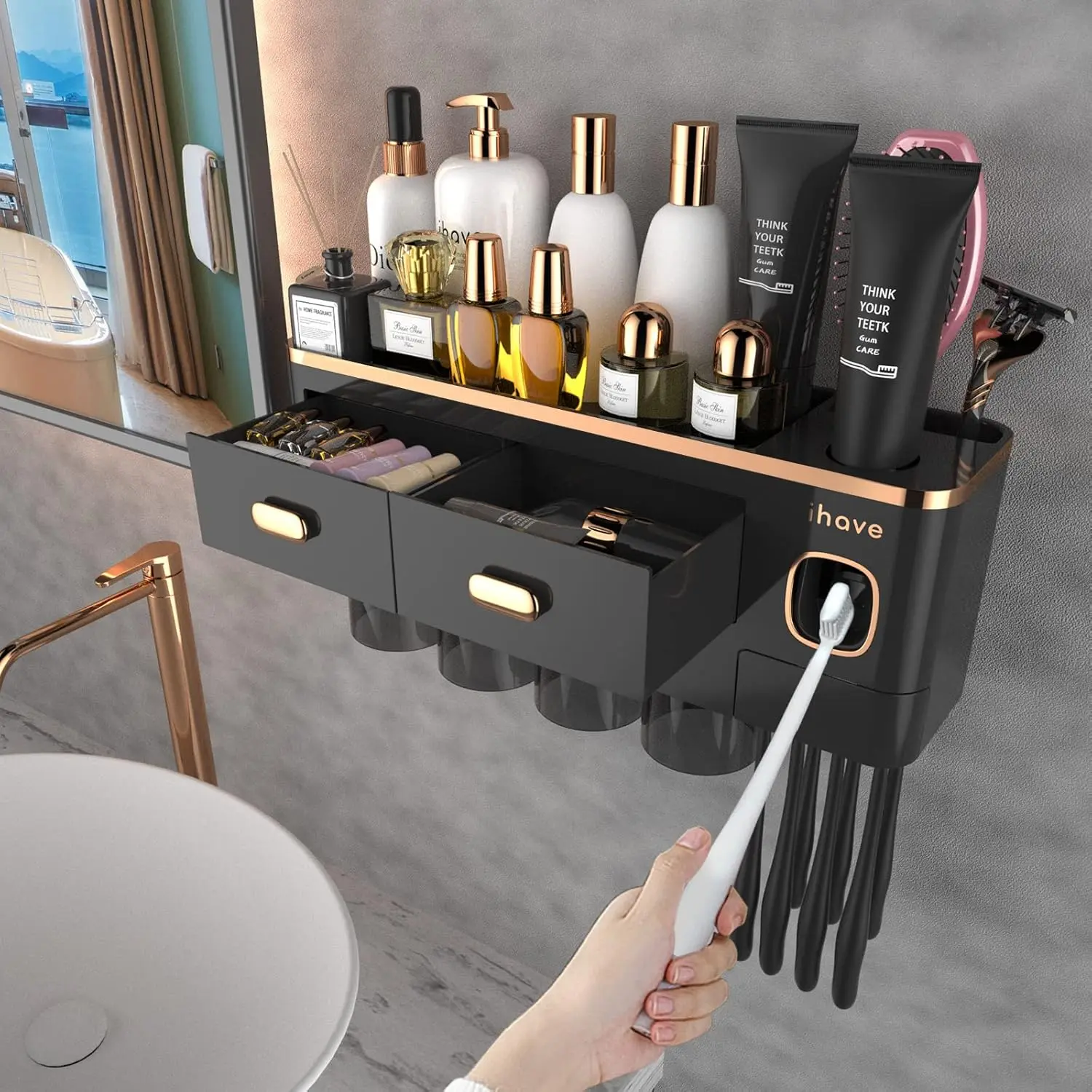 Toothbrush Holders Wall Mounted with Toothpaste Dispenser & 4 Cups - Luxury Black and Gold Design for Bathroom Decor, All-in-One Bathroom Organizers & Stor 2026 new