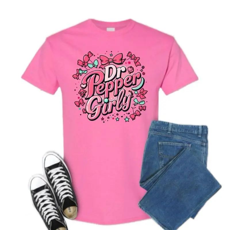 Dr. Pepper Girly T-Shirt - Pink Graphic Top with "Dr. Pepper" Text and Decorative Design for Women's Casual Streetwear Fashion Womenswear Everyday Piece Short Sleeves Style, Azalea, Comfortable