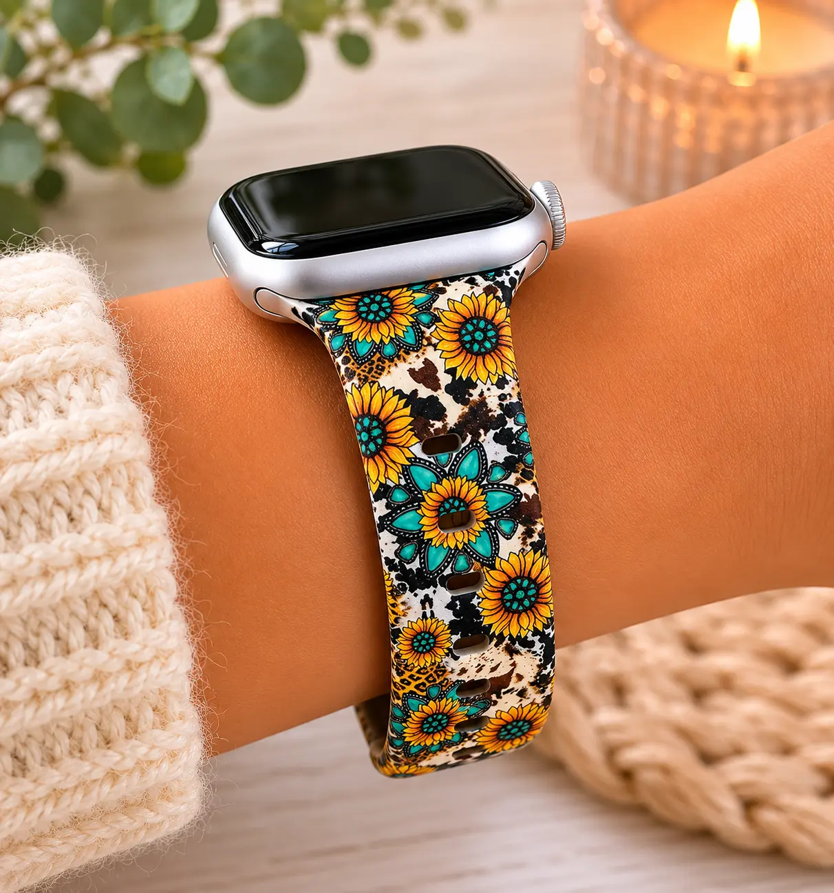 Western Sunflower Floral Watch Band – Cow Print Turquoise Pattern Strap for Smartwatch
