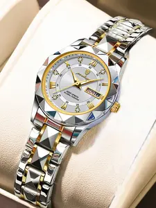 Women's Fashion Luminous Waterproof Dual Calendar Watch, Stainless Steel Quartz Luxury Business Wristwatch, Elegant Gift for Wife Mother Sister Lover, Modern Waterproof Watch