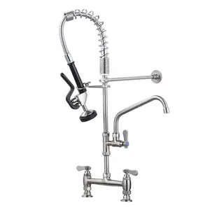 WOWOW Brushed Nickel Commercial High Arc Kitchen Faucet - Deck-Mount, 26" Height, 8" Center, 10" Add-On Swing Spout, Pre-Rinse Sprayer, Vintage Brass Accents, Outdoor-Ready, High Arc Faucet