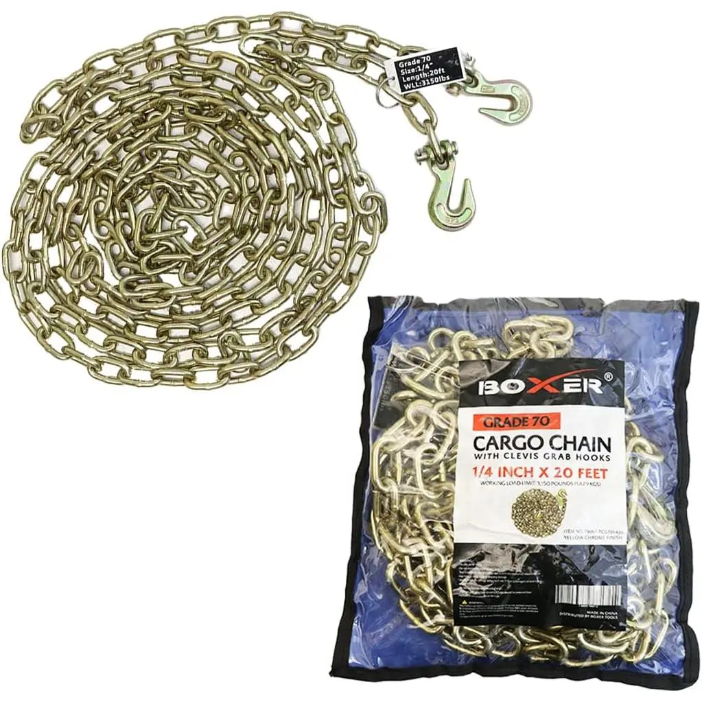 Industrial Heavy Duty Heat-Treated Transport Chain with Clevis Grab Hooks, ¼ in x 20 ft Grade 70, 12600 lbs Breaking Strength - 3150 lbs Flatbed Tie-Down for Logging, Vehicle Towing, Agricultural