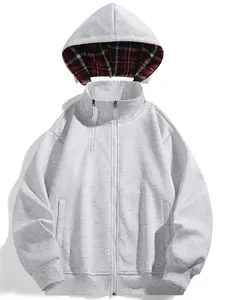 Men's Hooded Zipper Sweatshirt, Detachable Hood, Plaid Lining Detail, Casual Loose Fit, Spring & Fall Wear, Daily