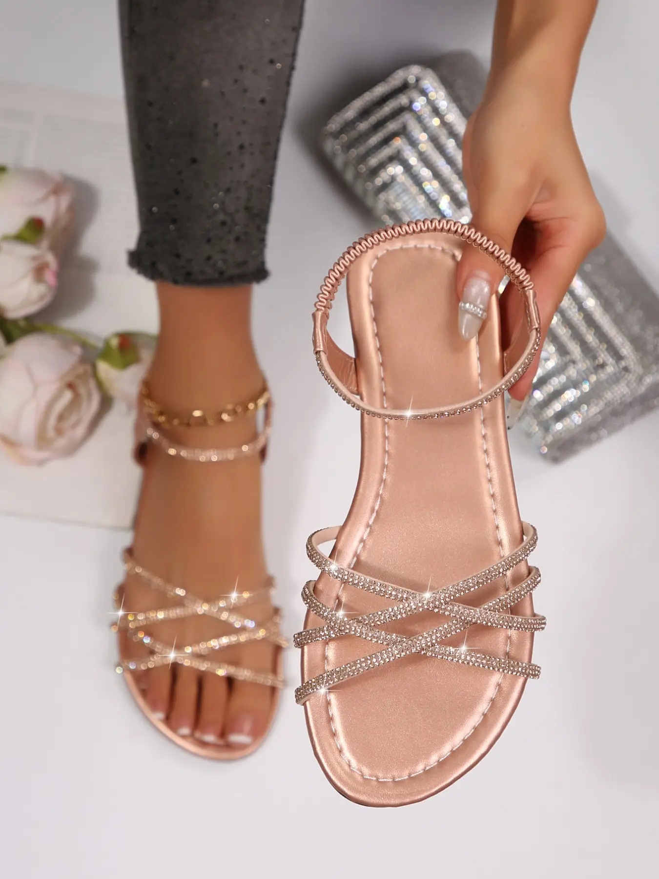 Women's Summer Sandals, Trendy Sandals, Casual Slip-On Flat Shoes, Round Toe Open-Toe, Adjustable Ankle Strap, Fashionable Glass Rhinestones, Beachwear